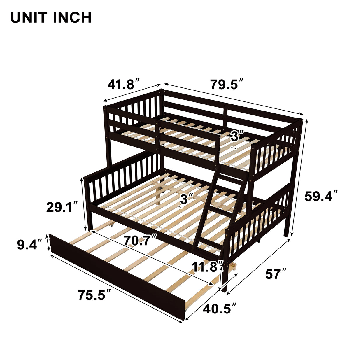 Twin Over Full Bunk Bed with Trundle, Convertible into 2 Beds, the Bunk Bed with Ladder and Safety Rails for Kids, Teens, Adults, Espresso - Home Elegance USA