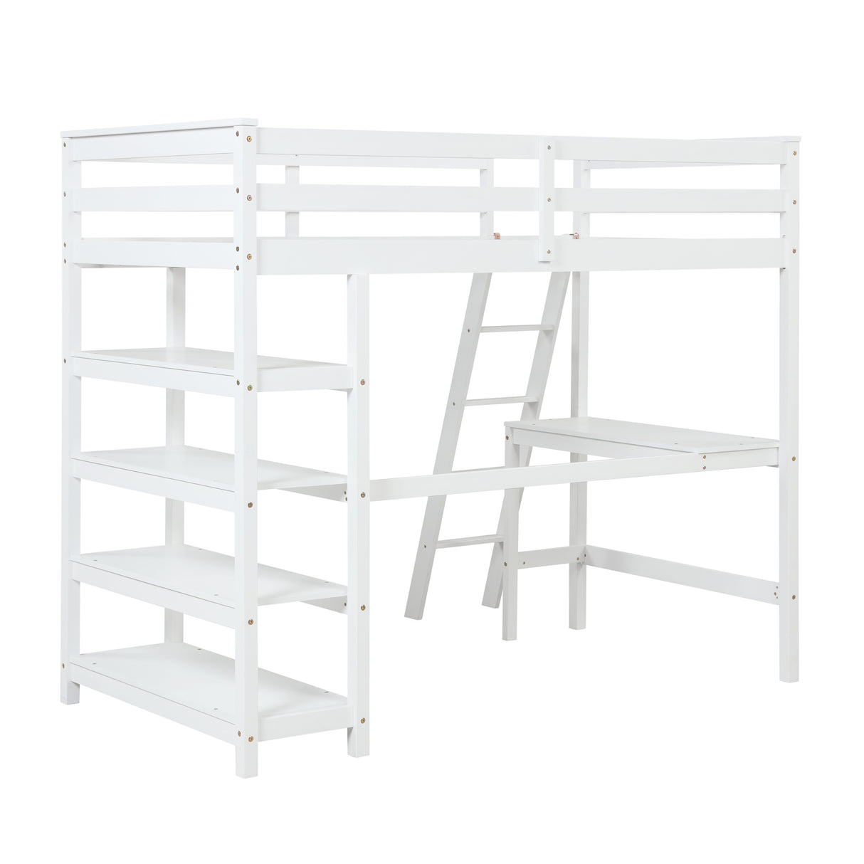 Twin Loft Bed with desk,ladder,shelves , White - Home Elegance USA