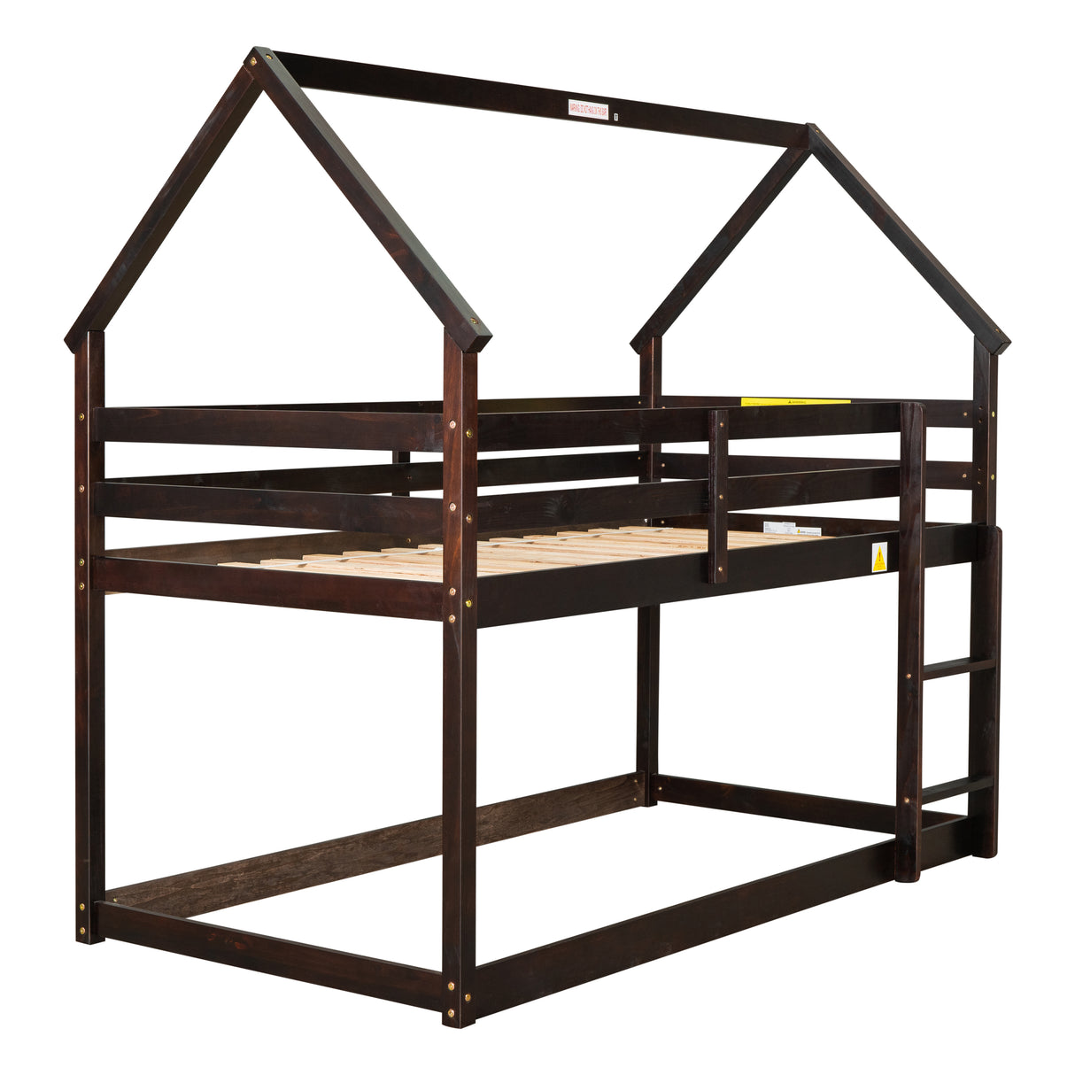 Twin over Twin Loft Bed with Roof Design, Safety Guardrail, Ladder, Espresso - Home Elegance USA