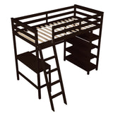 Twin Loft Bed with desk,ladder,shelves , Espresso - Home Elegance USA