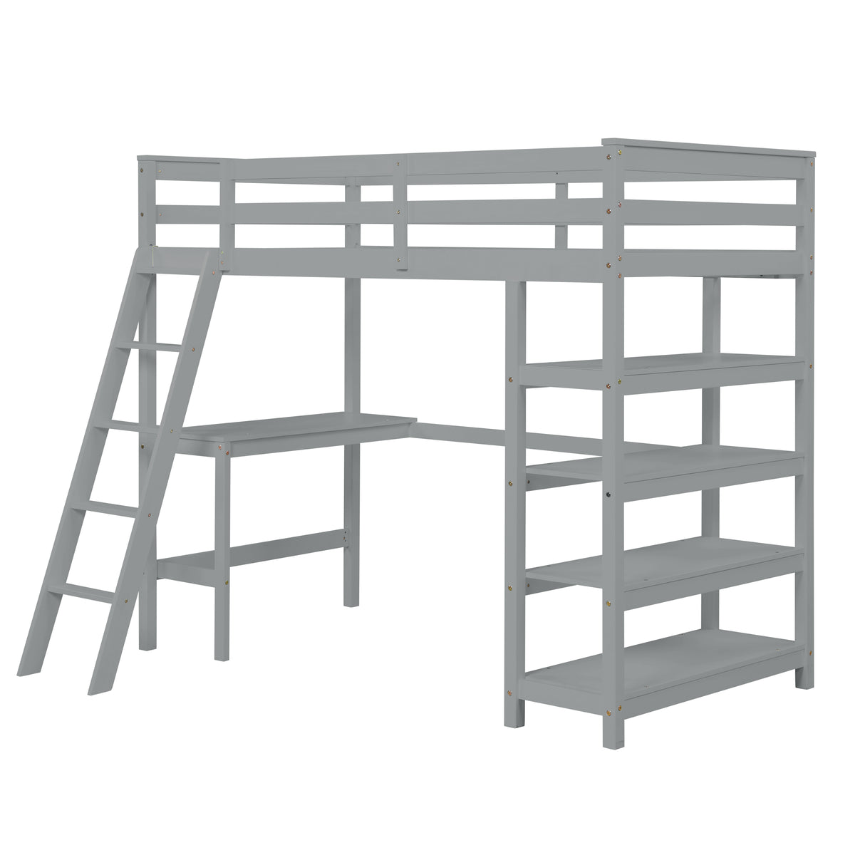 Loft Bed Twin with desk,ladder,shelves , Gray - Home Elegance USA