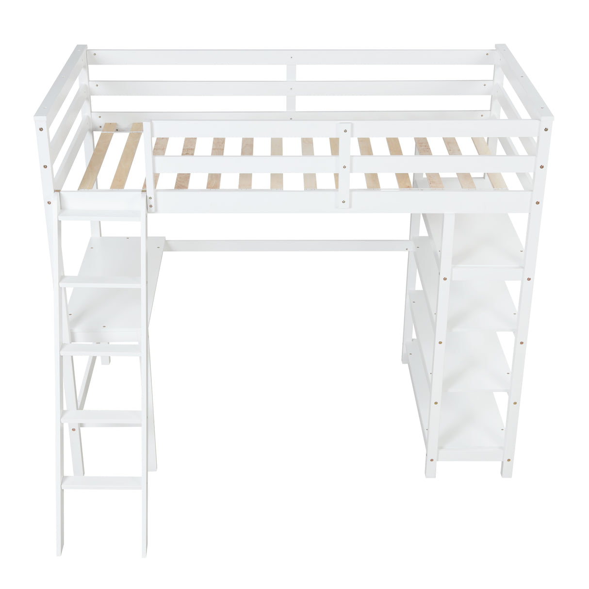 Twin Loft Bed with desk,ladder,shelves , White - Home Elegance USA