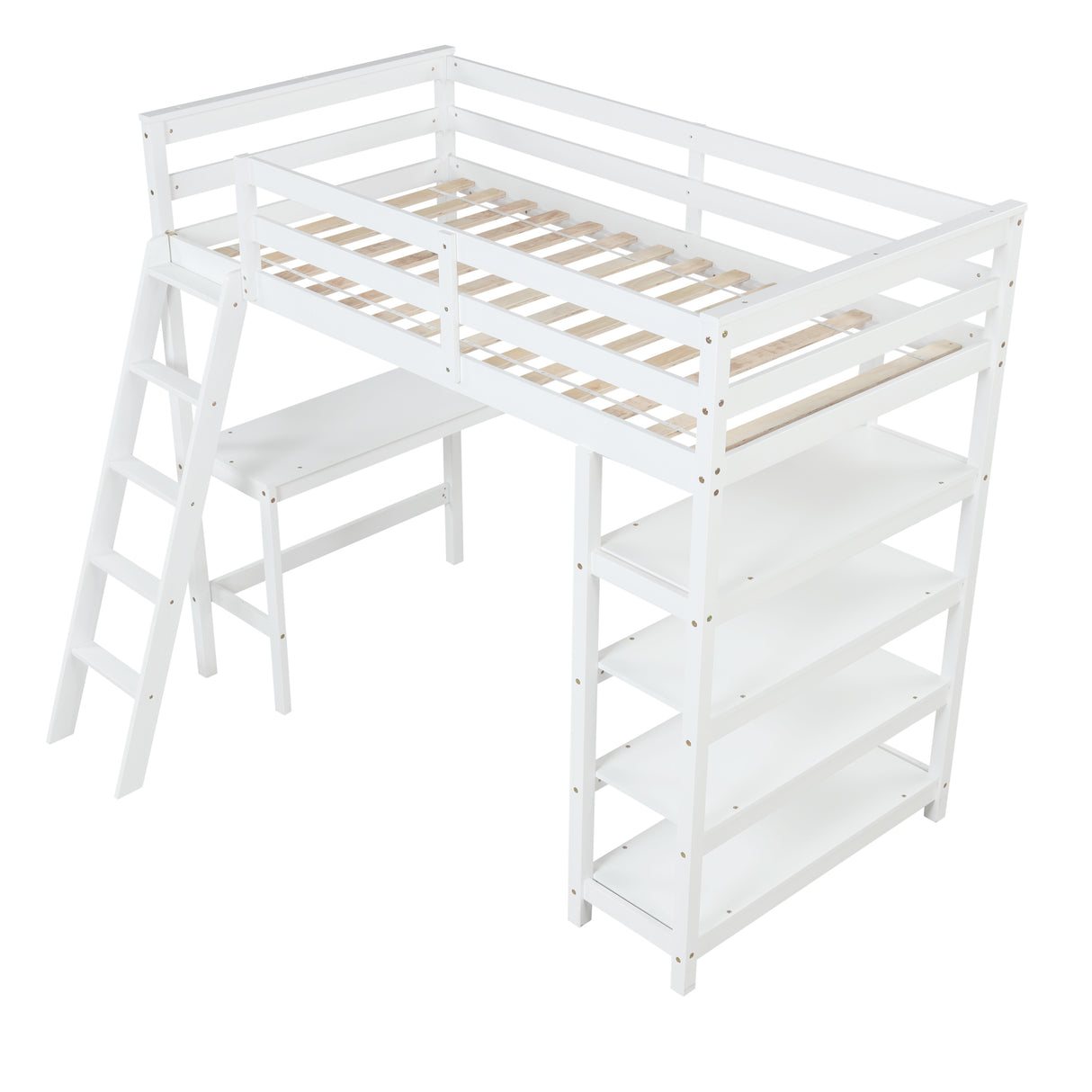 Twin Loft Bed with desk,ladder,shelves , White - Home Elegance USA