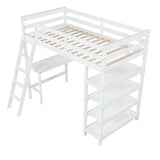 Twin Loft Bed with desk,ladder,shelves , White - Home Elegance USA