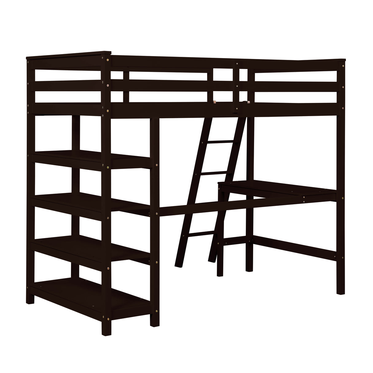 Twin Loft Bed with desk,ladder,shelves , Espresso - Home Elegance USA