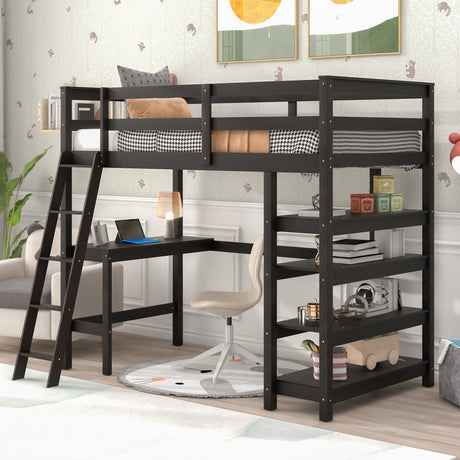 Twin Loft Bed with desk,ladder,shelves , Espresso - Home Elegance USA