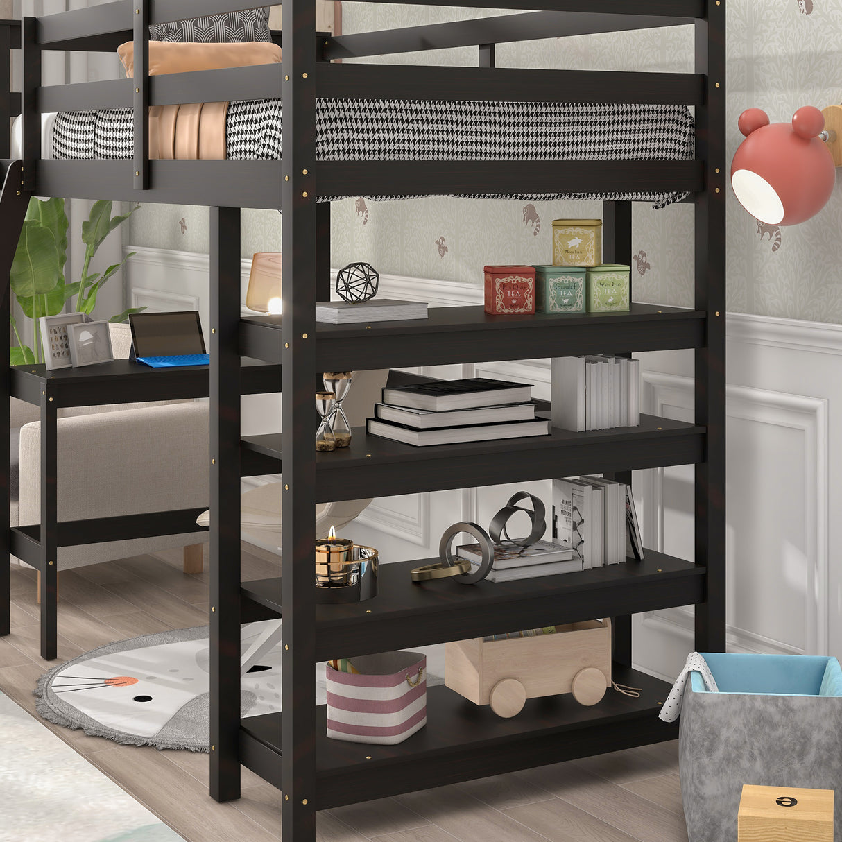 Twin Loft Bed with desk,ladder,shelves , Espresso - Home Elegance USA