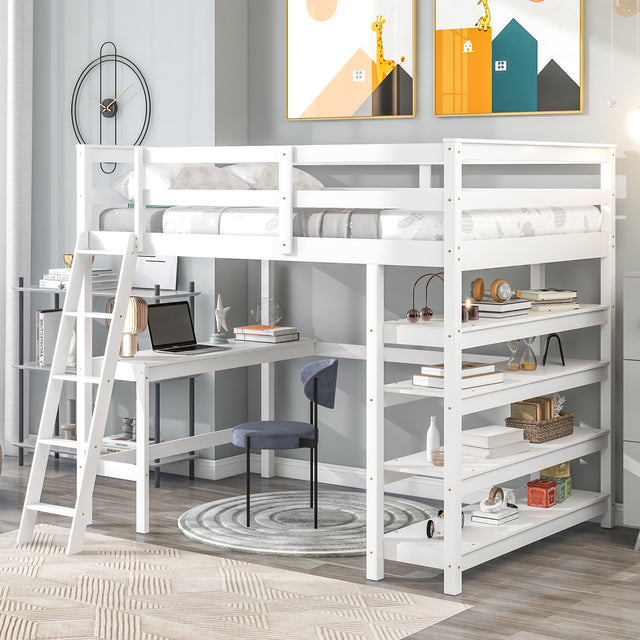 Loft Bed Full with desk,ladder,shelves , White - Home Elegance USA