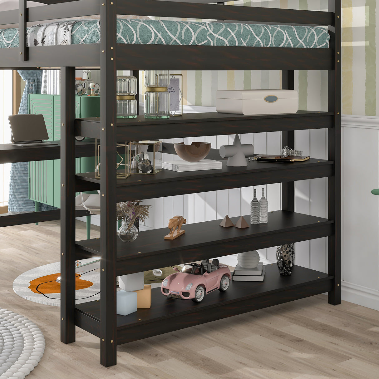 Loft Bed Full with desk,ladder,shelves , Espresso - Home Elegance USA
