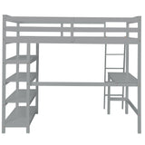 Loft Bed Full with desk,ladder,shelves , Gray - Home Elegance USA