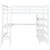 Loft Bed Full with desk,ladder,shelves , White - Home Elegance USA