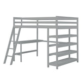 Loft Bed Full with desk,ladder,shelves , Gray - Home Elegance USA