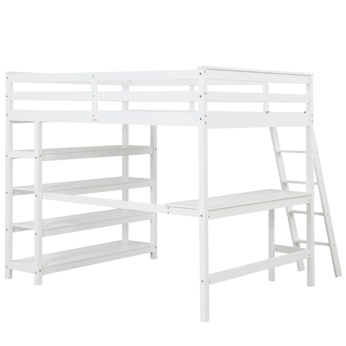 Loft Bed Full with desk,ladder,shelves , White - Home Elegance USA