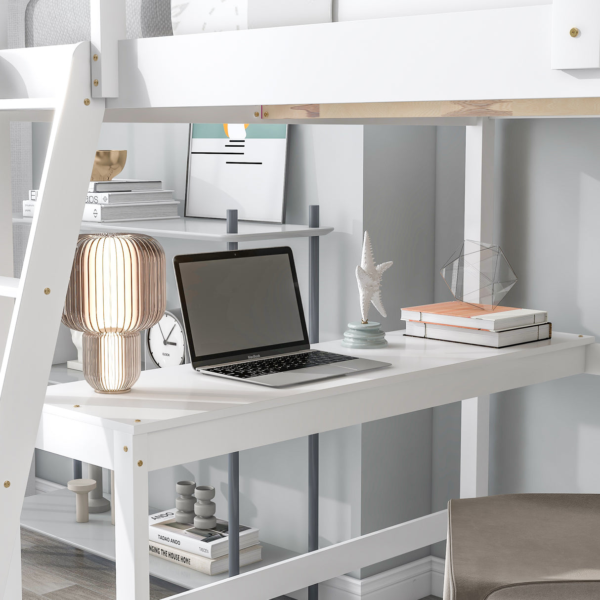 Loft Bed Full with desk,ladder,shelves , White - Home Elegance USA