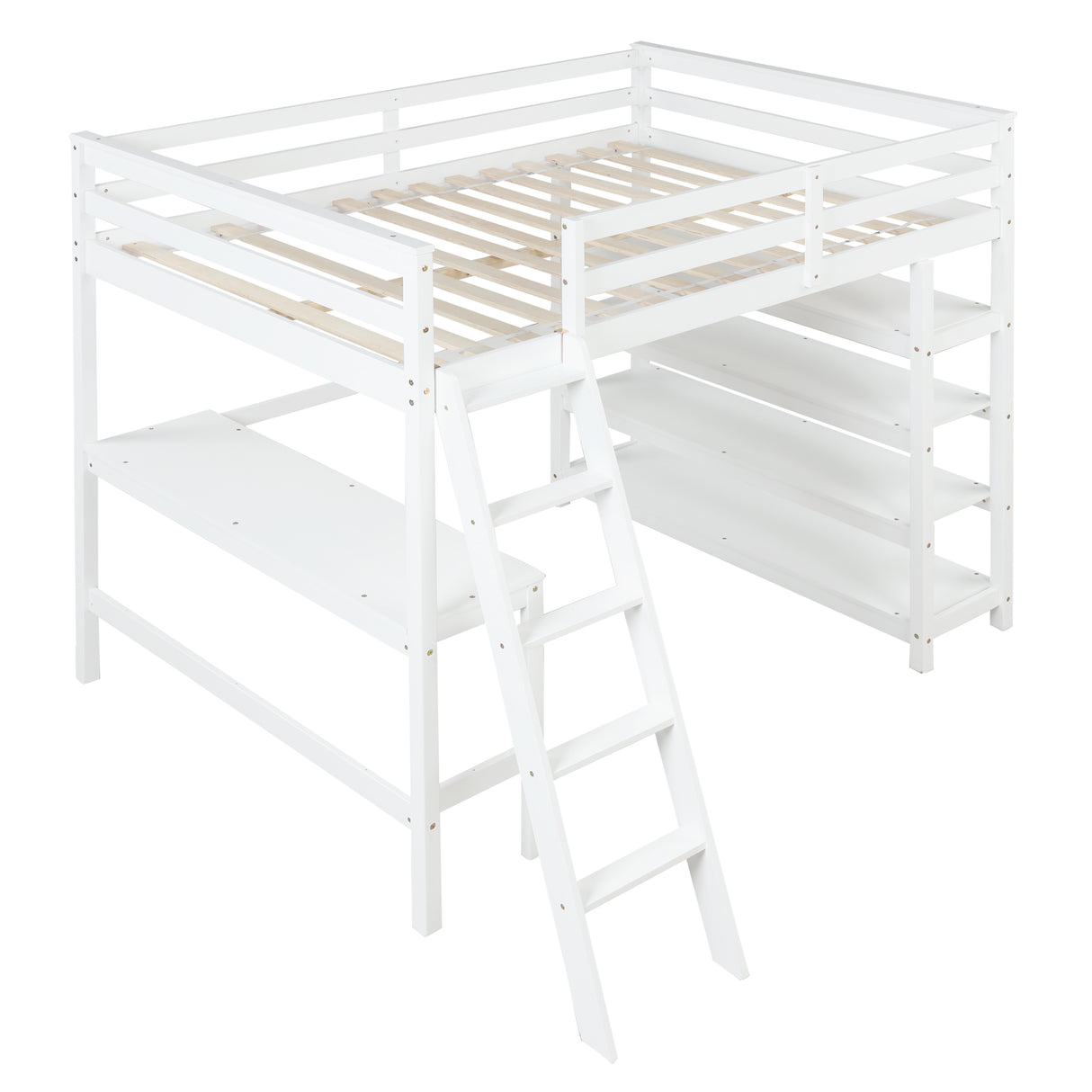 Loft Bed Full with desk,ladder,shelves , White - Home Elegance USA