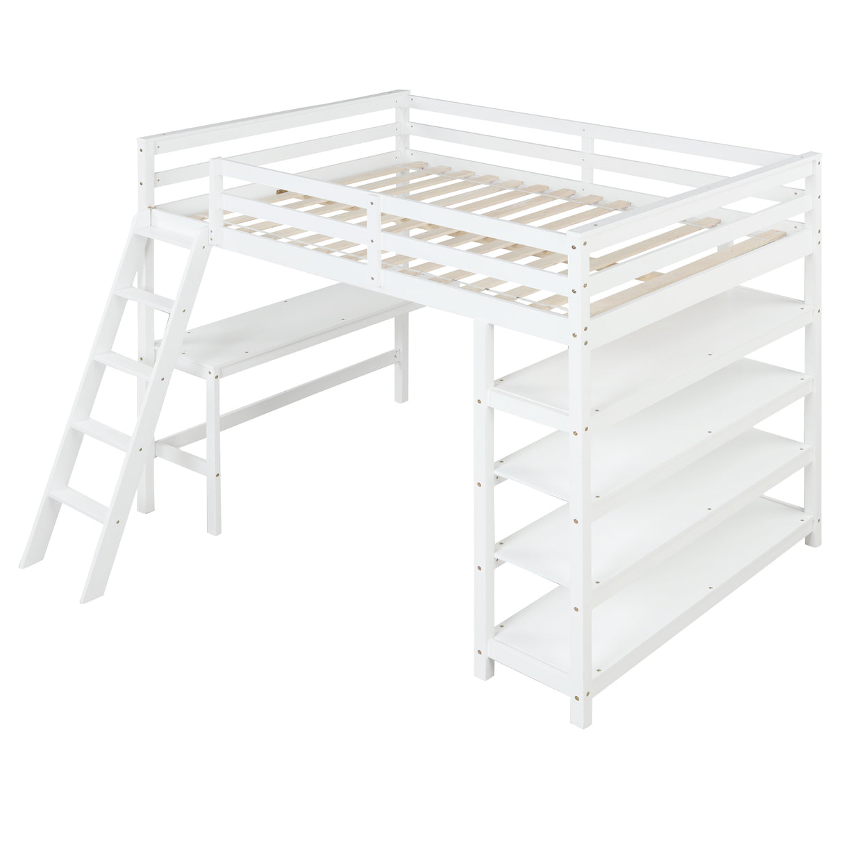 Loft Bed Full with desk,ladder,shelves , White - Home Elegance USA