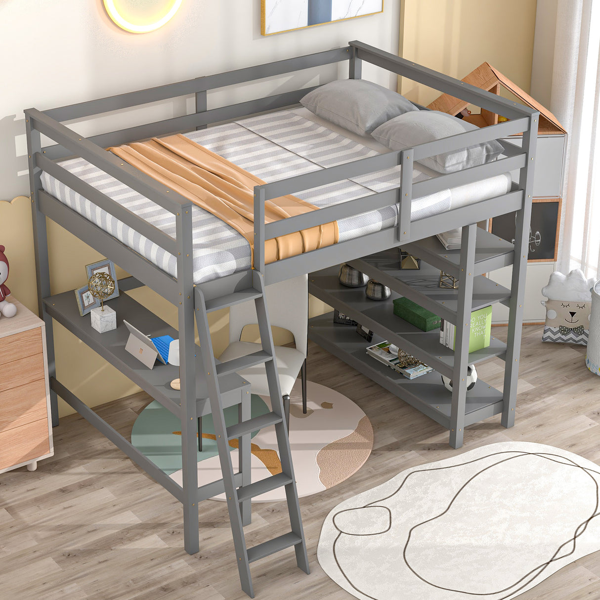 Loft Bed Full with desk,ladder,shelves , Gray - Home Elegance USA