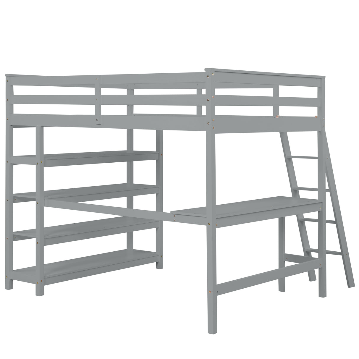 Loft Bed Full with desk,ladder,shelves , Gray - Home Elegance USA