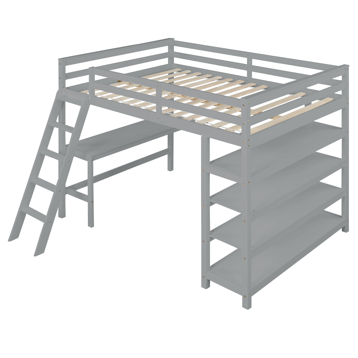 Loft Bed Full with desk,ladder,shelves , Gray - Home Elegance USA