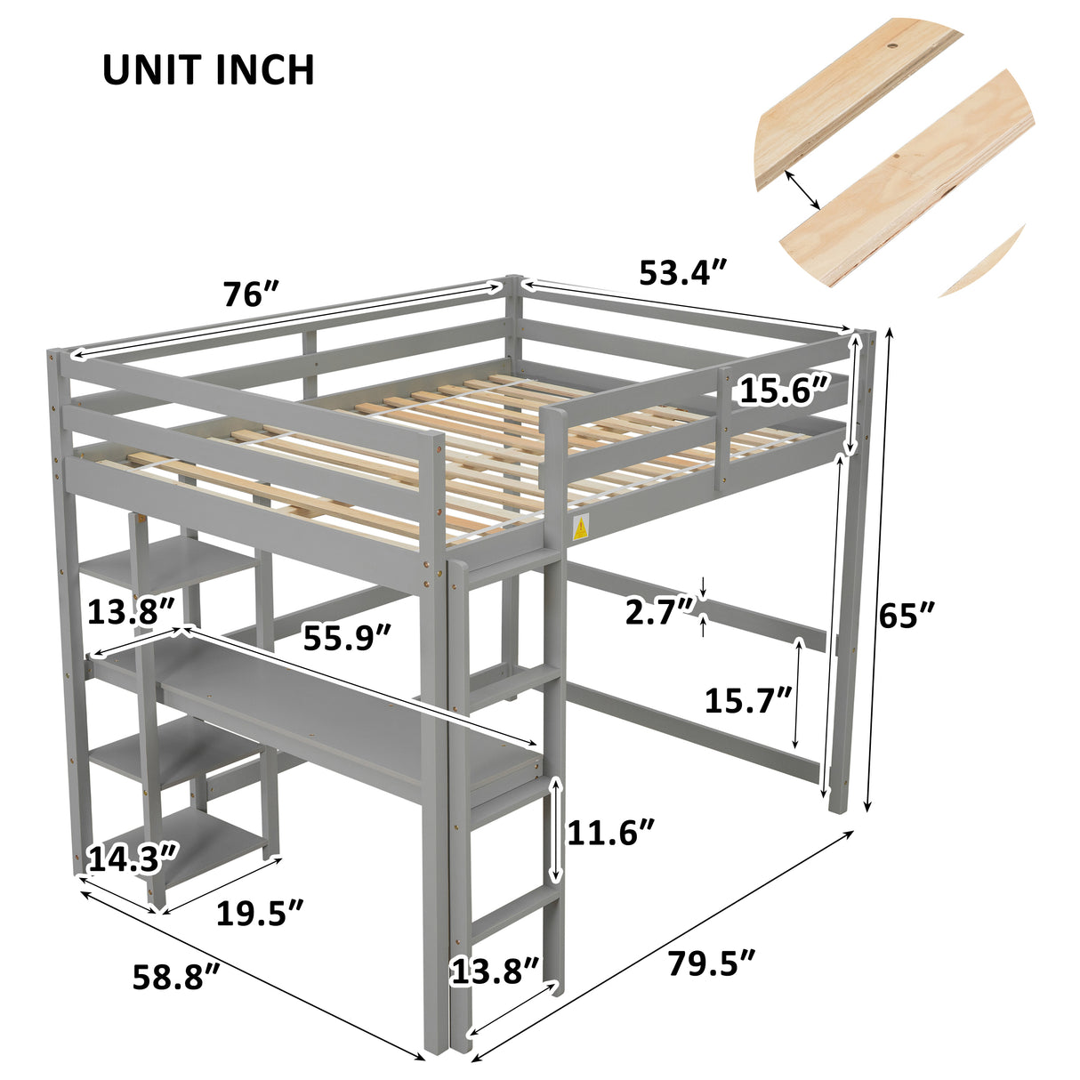 Full Loft Bed with Desk and Shelves,Gray - Home Elegance USA