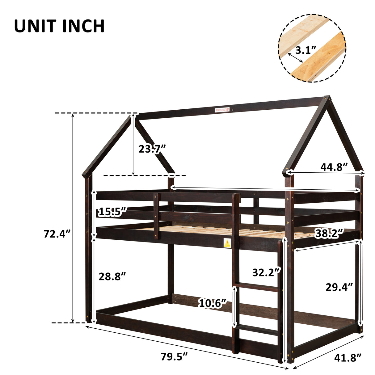 Twin over Twin Loft Bed with Roof Design, Safety Guardrail, Ladder, Espresso - Home Elegance USA