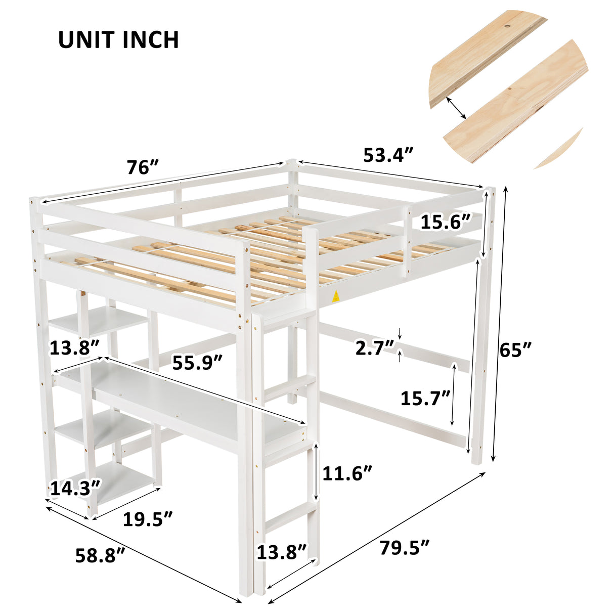 Full Loft Bed with Desk and Shelves,White - Home Elegance USA