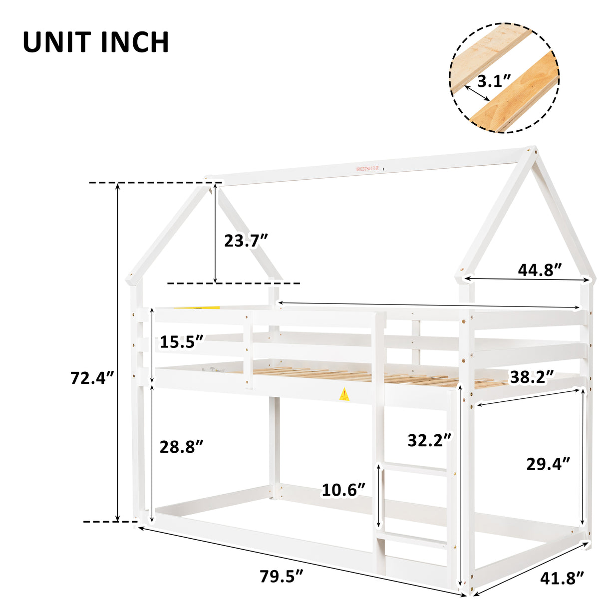 Twin over Twin Loft Bed with Roof Design, Safety Guardrail, Ladder, White - Home Elegance USA