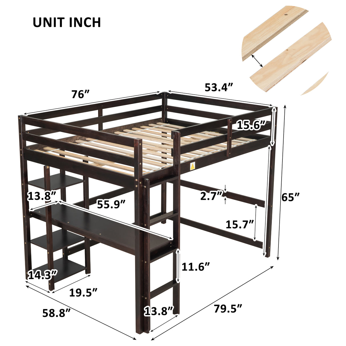 Full Loft Bed with Desk and Shelves,Espresso - Home Elegance USA