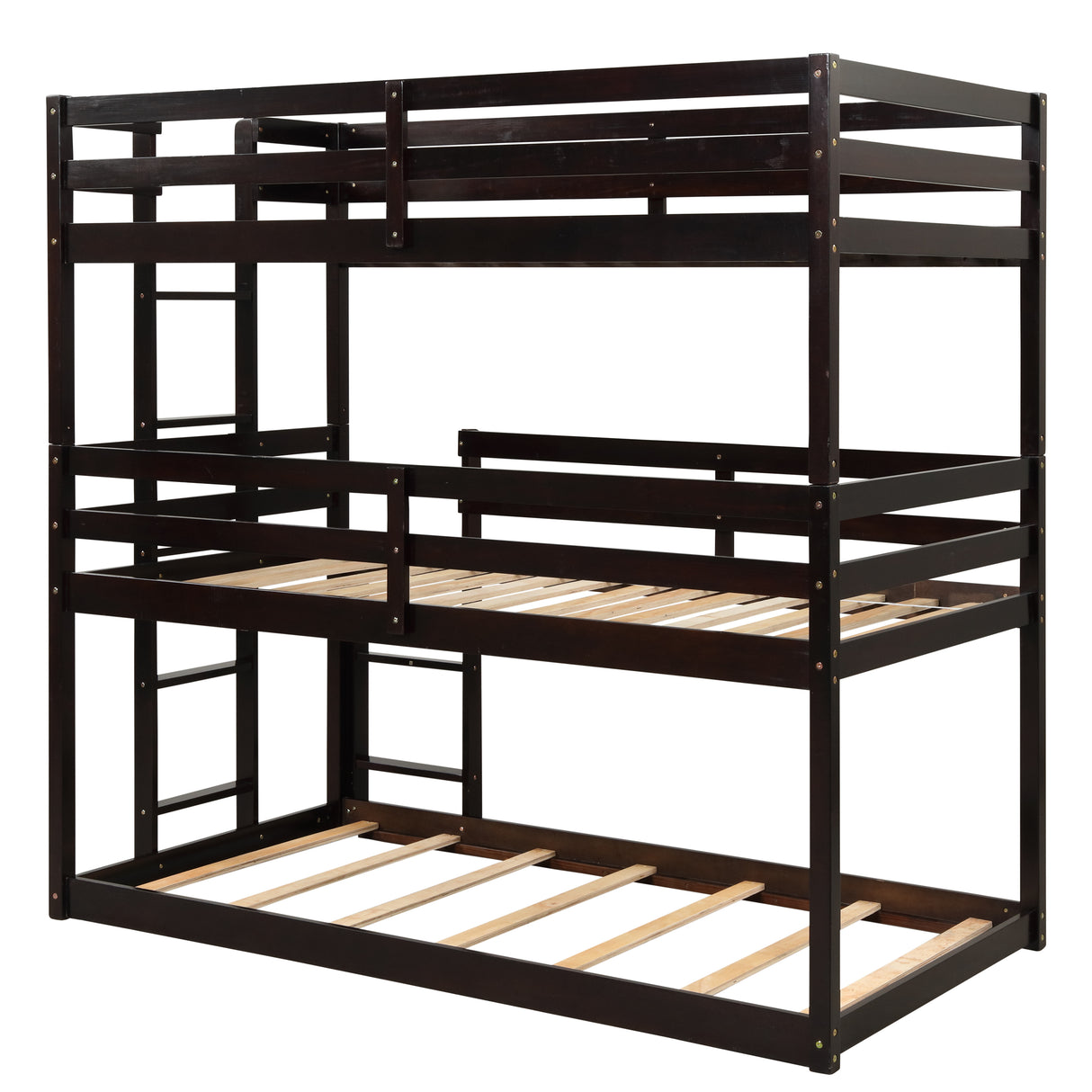 Triple Bunk Bed, Twin/ Twin/ Twin, with Ladder, No Box Spring Needed, For Bedroom and Guestroom, Easily Convertible into One Twin Bed and One Twin over Twin Loft Bed , Espresso - Home Elegance USA