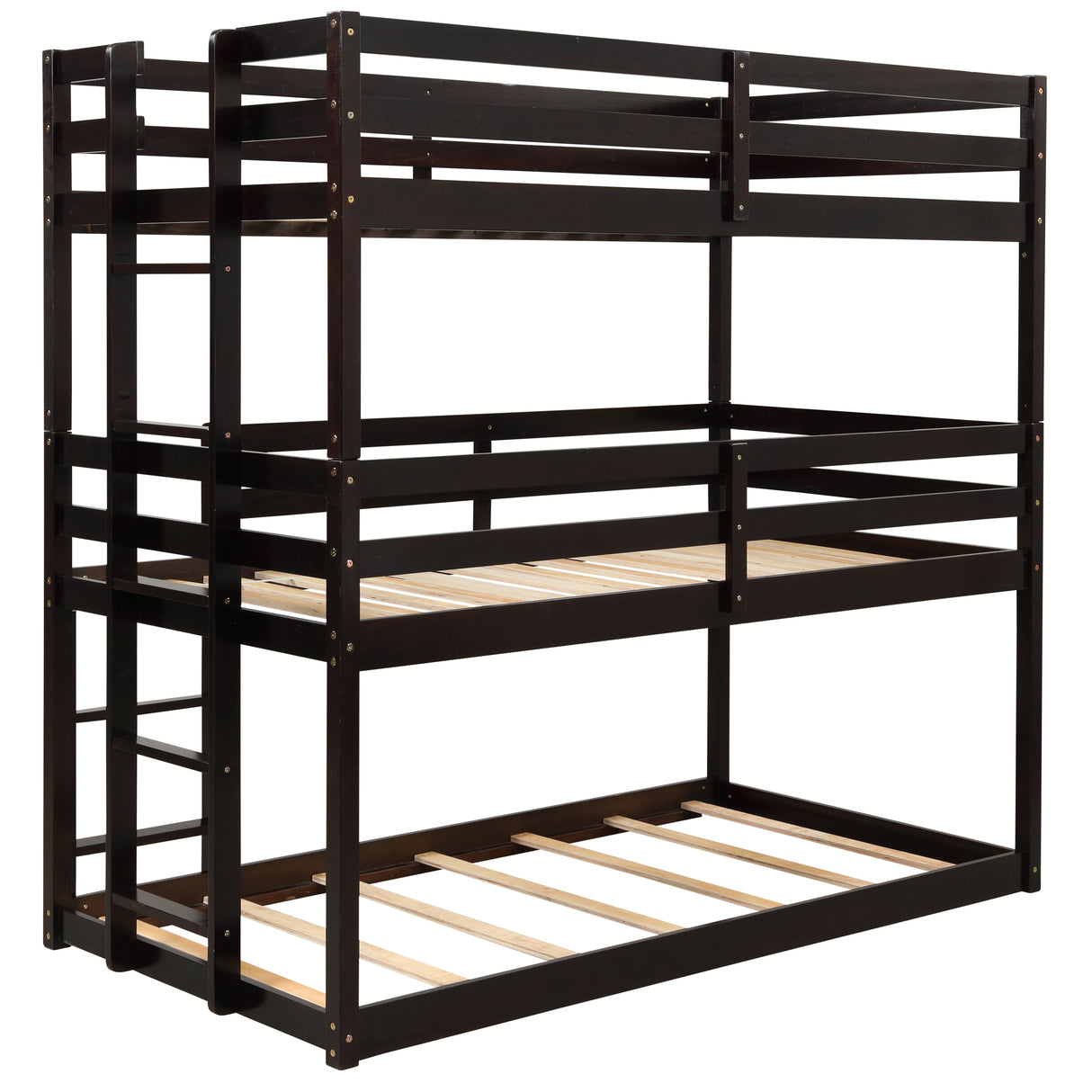 Triple Bunk Bed, Twin/ Twin/ Twin, with Ladder, No Box Spring Needed, For Bedroom and Guestroom, Easily Convertible into One Twin Bed and One Twin over Twin Loft Bed , Espresso - Home Elegance USA