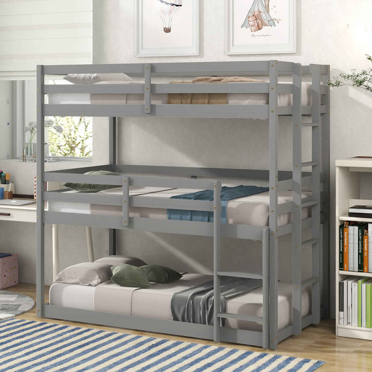 Triple Bunk Bed, Twin/ Twin/ Twin, with Ladder, No Box Spring Needed, For Bedroom and Guestroom, Easily Convertible into One Twin Bed and One Twin over Twin Loft Bed , Gray - Home Elegance USA