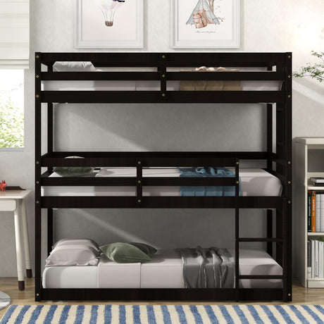 Triple Bunk Bed, Twin/ Twin/ Twin, with Ladder, No Box Spring Needed, For Bedroom and Guestroom, Easily Convertible into One Twin Bed and One Twin over Twin Loft Bed , Espresso - Home Elegance USA