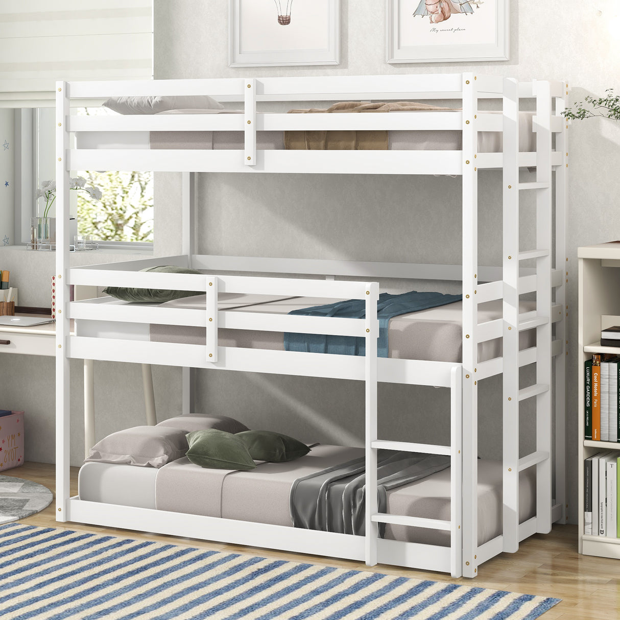 Triple Bunk Bed, Twin/ Twin/ Twin, with Ladder, No Box Spring Needed, For Bedroom and Guestroom, Easily Convertible into One Twin Bed and One Twin over Twin Loft Bed , White - Home Elegance USA