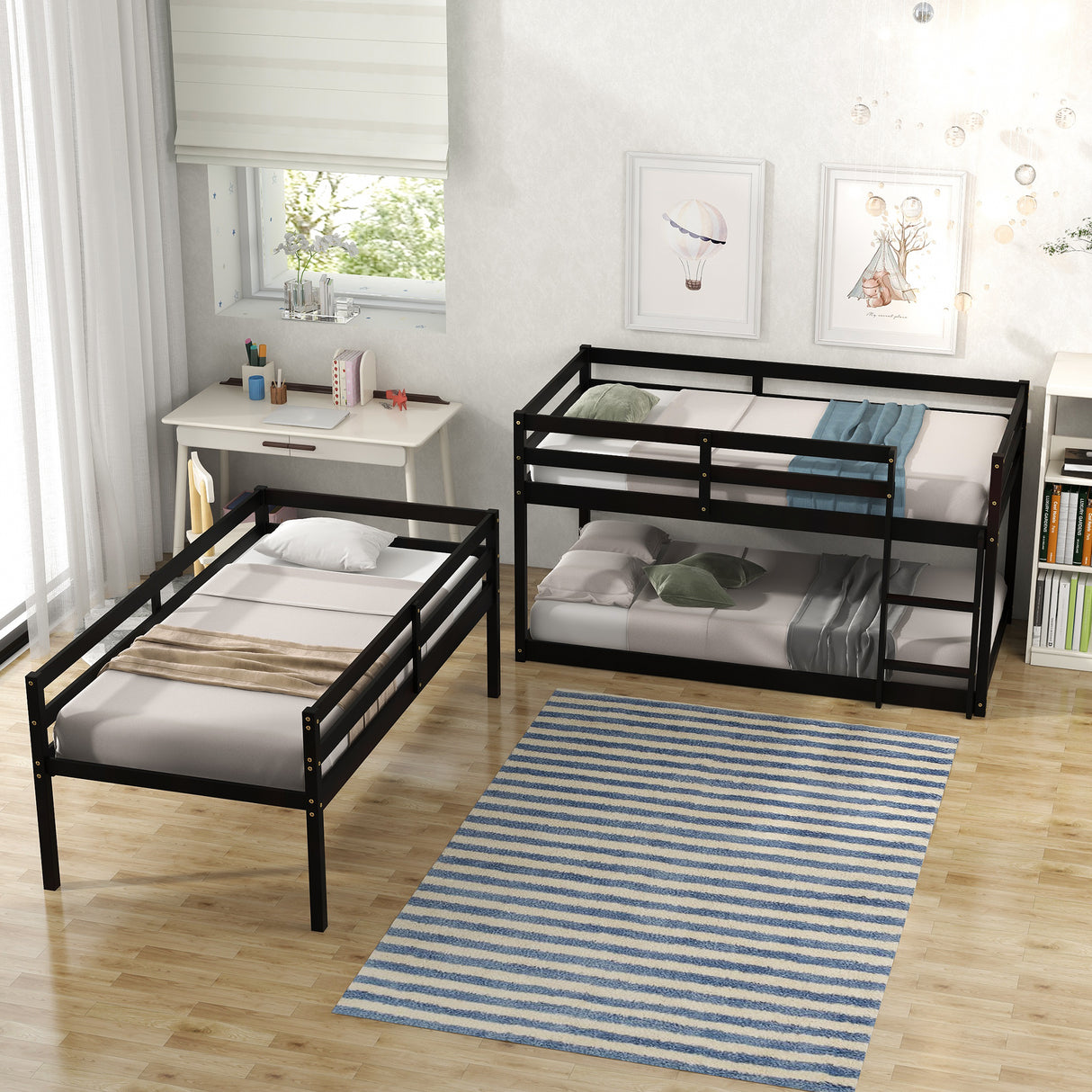 Triple Bunk Bed, Twin/ Twin/ Twin, with Ladder, No Box Spring Needed, For Bedroom and Guestroom, Easily Convertible into One Twin Bed and One Twin over Twin Loft Bed , Espresso - Home Elegance USA