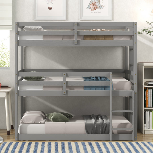 Triple Bunk Bed, Twin/ Twin/ Twin, with Ladder, No Box Spring Needed, For Bedroom and Guestroom, Easily Convertible into One Twin Bed and One Twin over Twin Loft Bed , Gray - Home Elegance USA