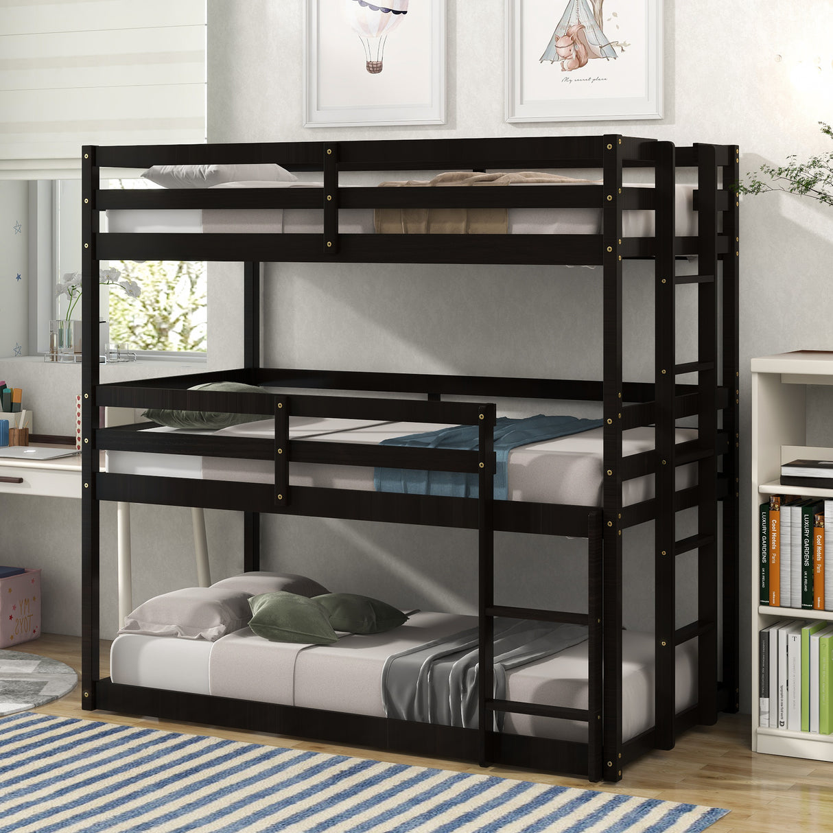 Triple Bunk Bed, Twin/ Twin/ Twin, with Ladder, No Box Spring Needed, For Bedroom and Guestroom, Easily Convertible into One Twin Bed and One Twin over Twin Loft Bed , Espresso - Home Elegance USA