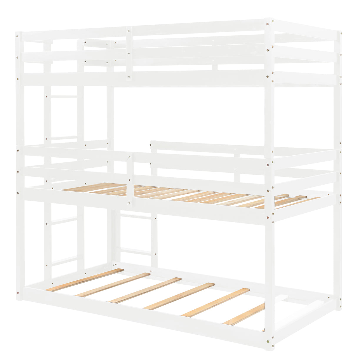 Triple Bunk Bed, Twin/ Twin/ Twin, with Ladder, No Box Spring Needed, For Bedroom and Guestroom, Easily Convertible into One Twin Bed and One Twin over Twin Loft Bed , White - Home Elegance USA