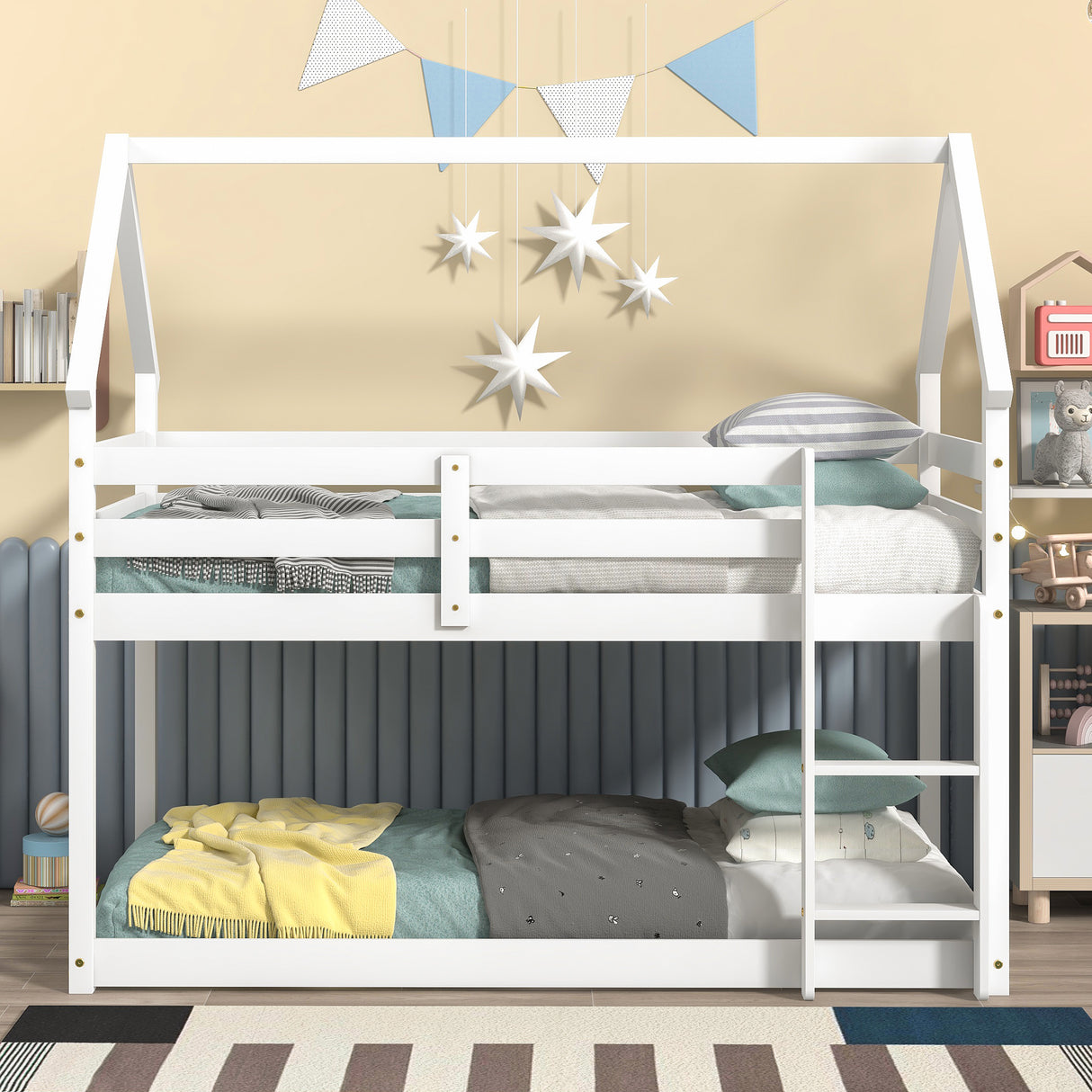 Twin over Twin Loft Bed with Roof Design, Safety Guardrail, Ladder, White - Home Elegance USA