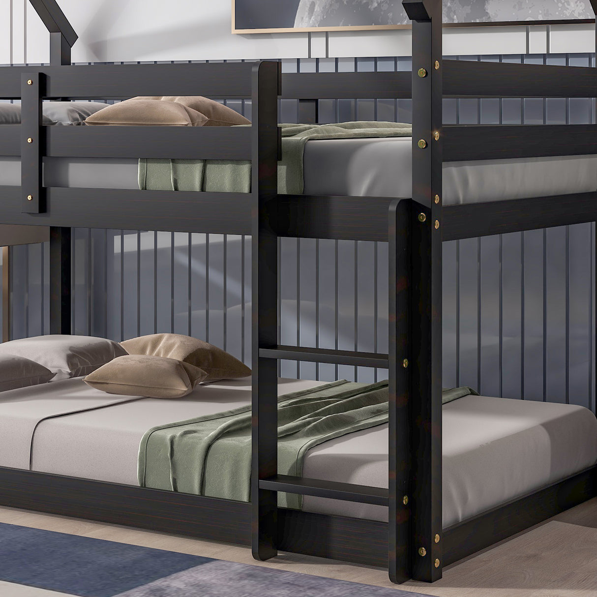 Twin over Twin Loft Bed with Roof Design, Safety Guardrail, Ladder, Espresso - Home Elegance USA