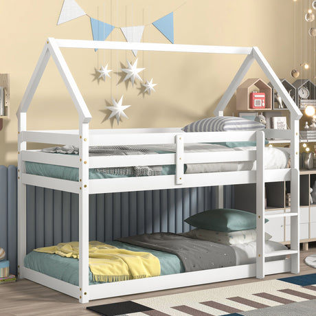 Twin over Twin Loft Bed with Roof Design, Safety Guardrail, Ladder, White - Home Elegance USA