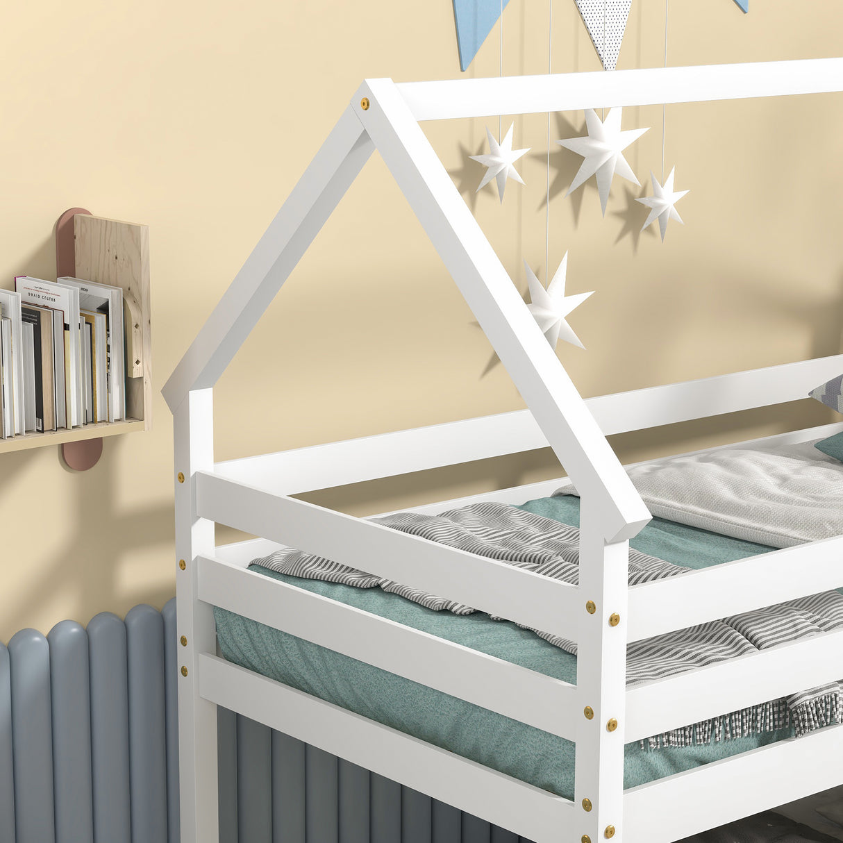 Twin over Twin Loft Bed with Roof Design, Safety Guardrail, Ladder, White - Home Elegance USA