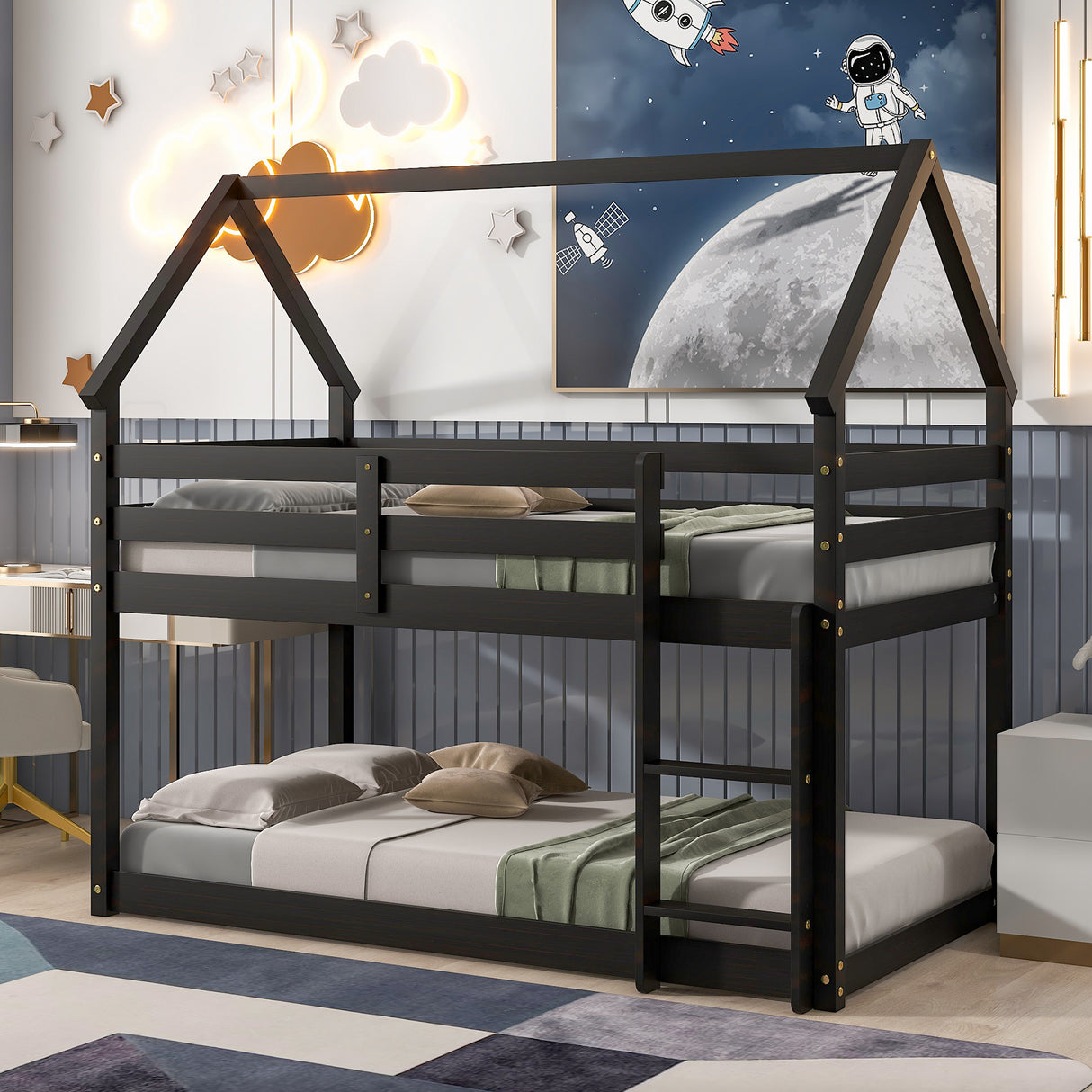 Twin over Twin Loft Bed with Roof Design, Safety Guardrail, Ladder, Espresso - Home Elegance USA