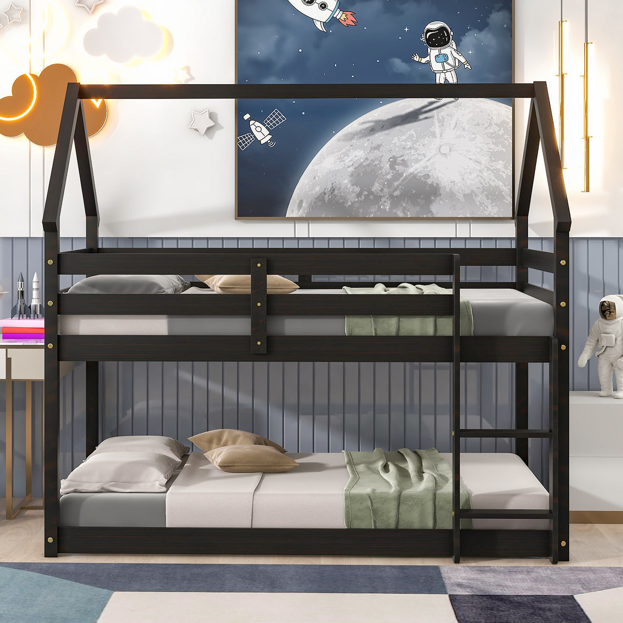 Twin over Twin Loft Bed with Roof Design, Safety Guardrail, Ladder, Espresso - Home Elegance USA