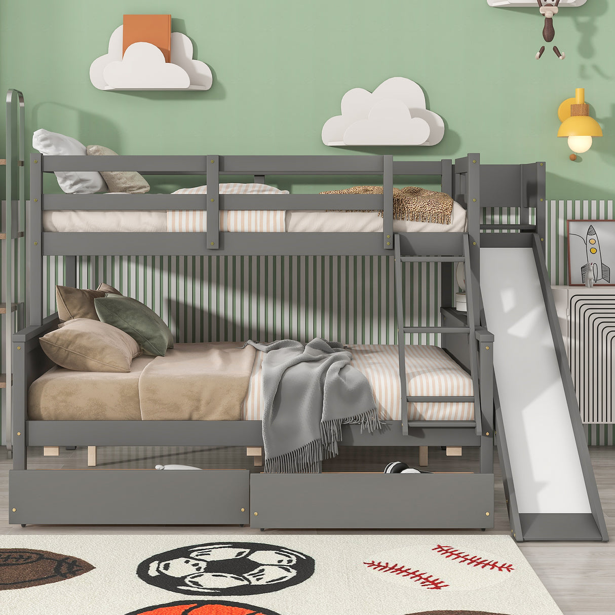 Twin over Full Bunk Bed with 2 Drawers,Slide,Shelves Gray - Home Elegance USA