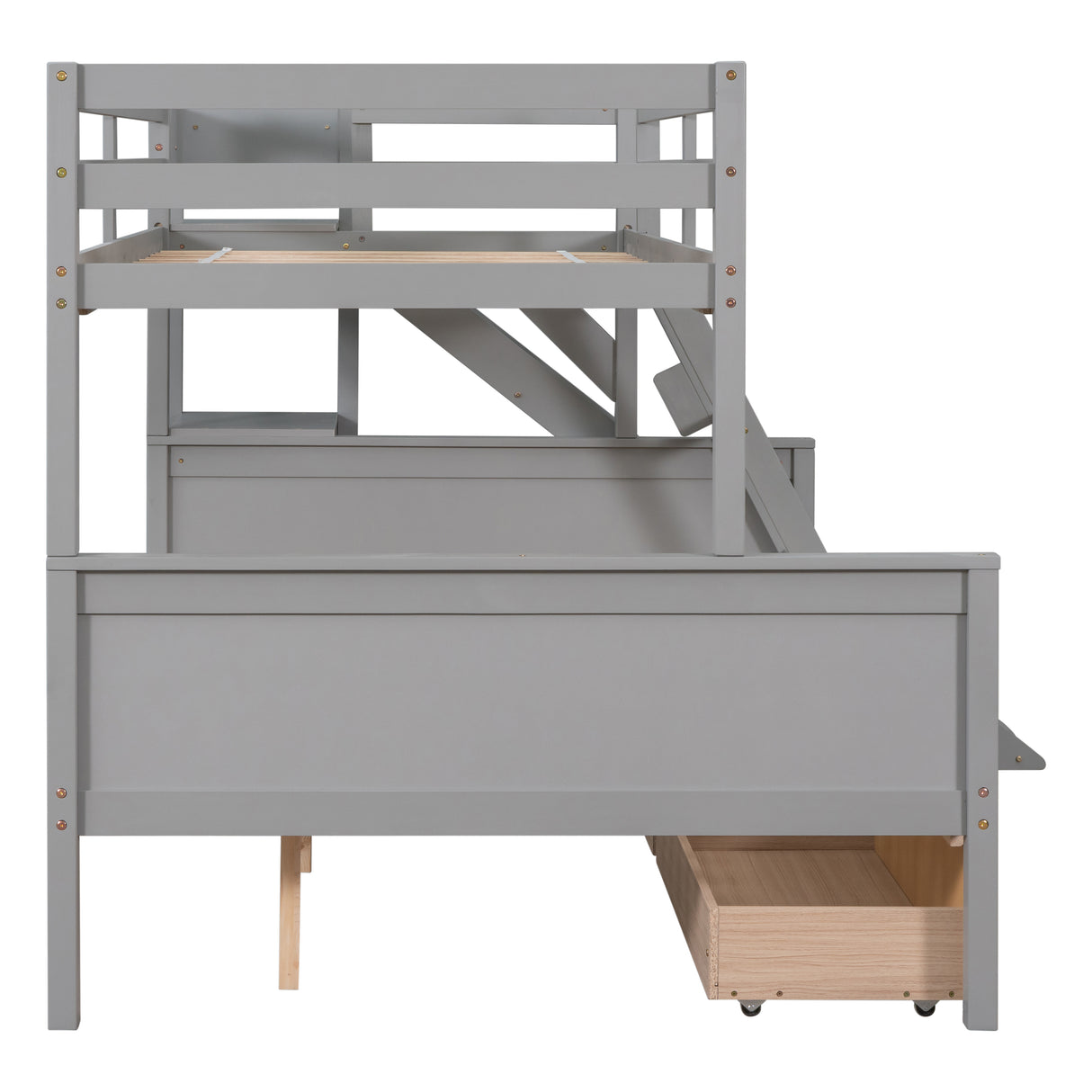 Twin over Full Bunk Bed with 2 Drawers,Slide,Shelves Gray - Home Elegance USA