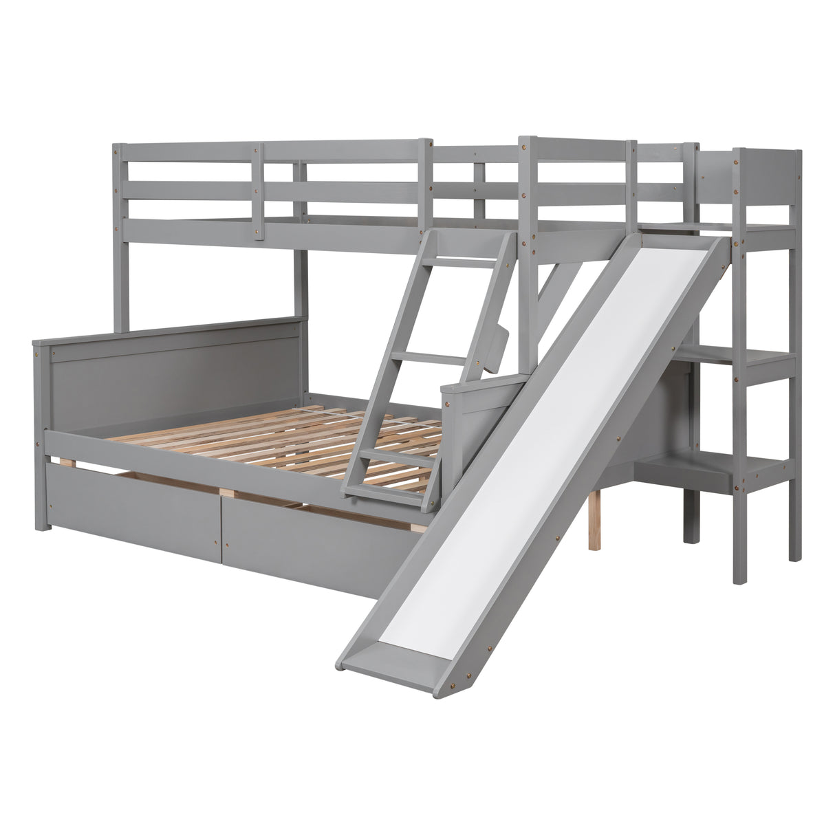 Twin over Full Bunk Bed with 2 Drawers,Slide,Shelves Gray - Home Elegance USA