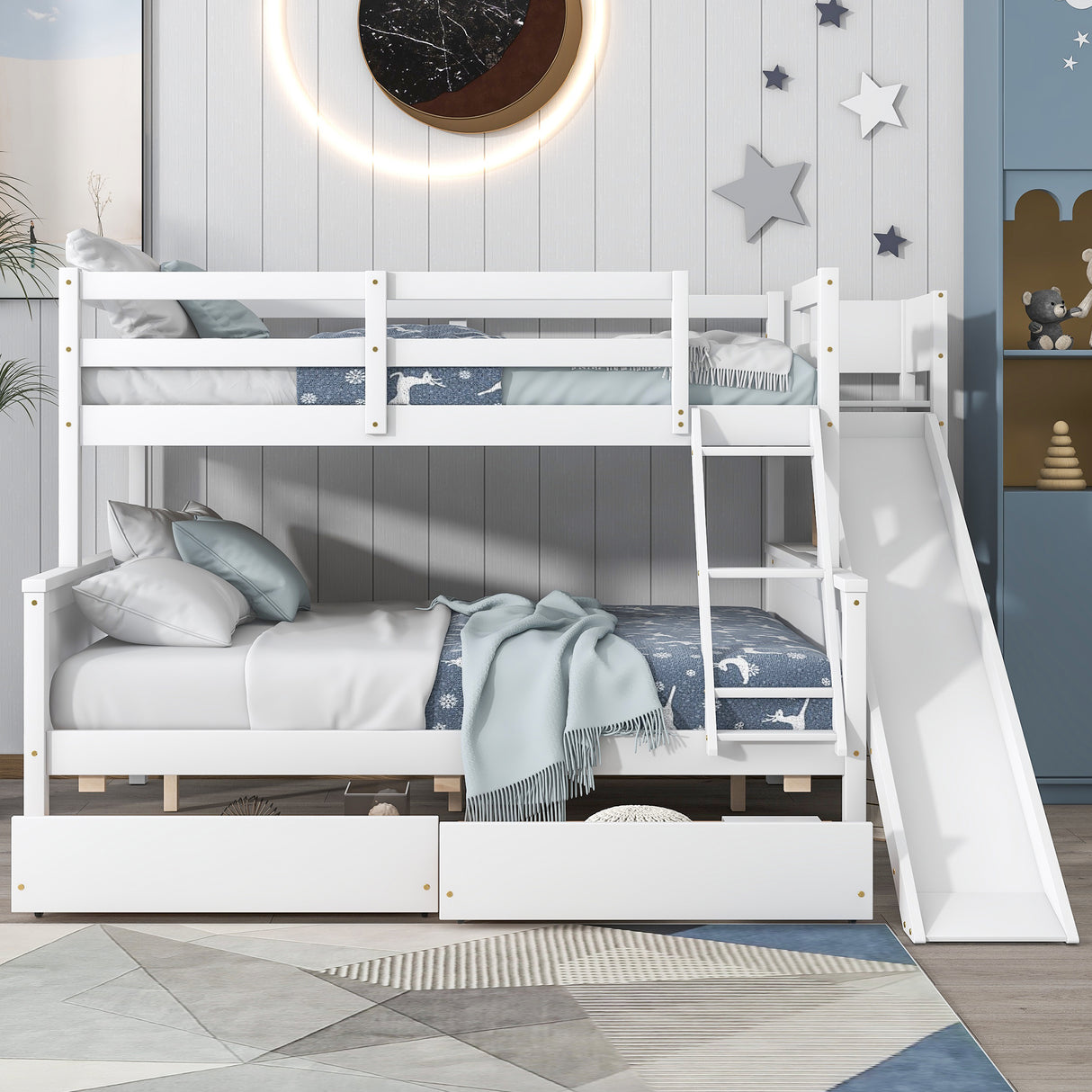 Twin over Full Bunk Bed with 2 Drawers,Slide,Shelves White - Home Elegance USA