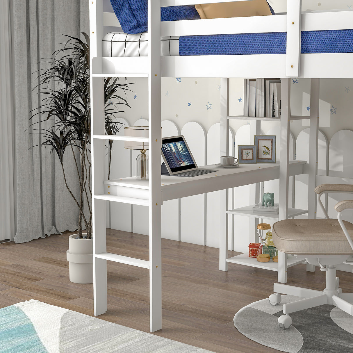 Full Loft Bed with Desk and Shelves,White - Home Elegance USA