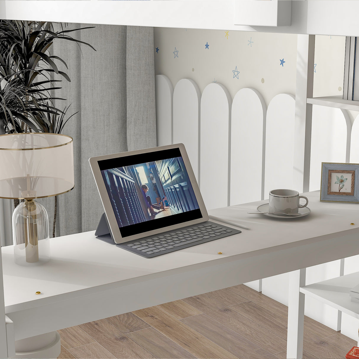 Full Loft Bed with Desk and Shelves,White - Home Elegance USA