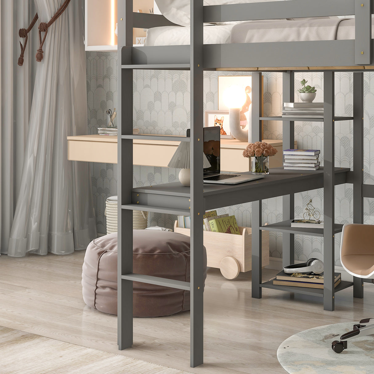 Full Loft Bed with Desk and Shelves,Gray - Home Elegance USA